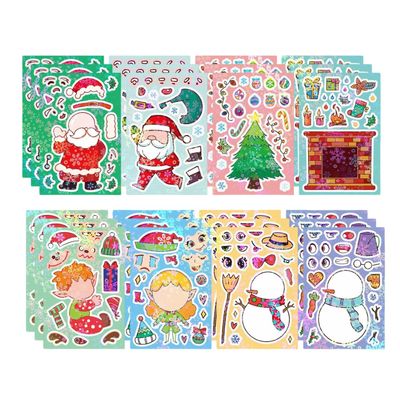 DIY Christmas Stickers 24 Sheets Waterproof Reusable Mix& Match (Santa, Snowman, Elf, Tree) for Creative Holiday Play, Crafts, Party Favors for Age 13+