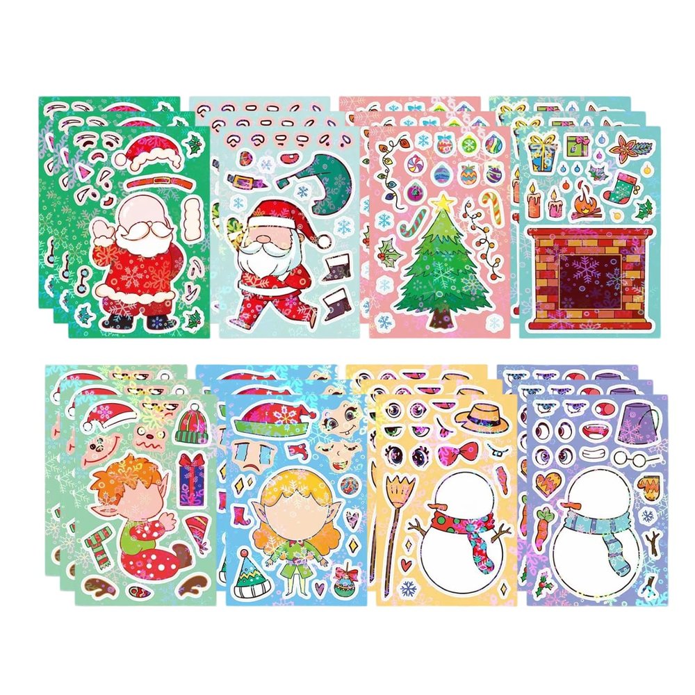 DIY Christmas Stickers 24 Sheets Waterproof Reusable Mix& Match (Santa, Snowman, Elf, Tree) for Creative Holiday Play, Crafts, Party Favors for Age 13+