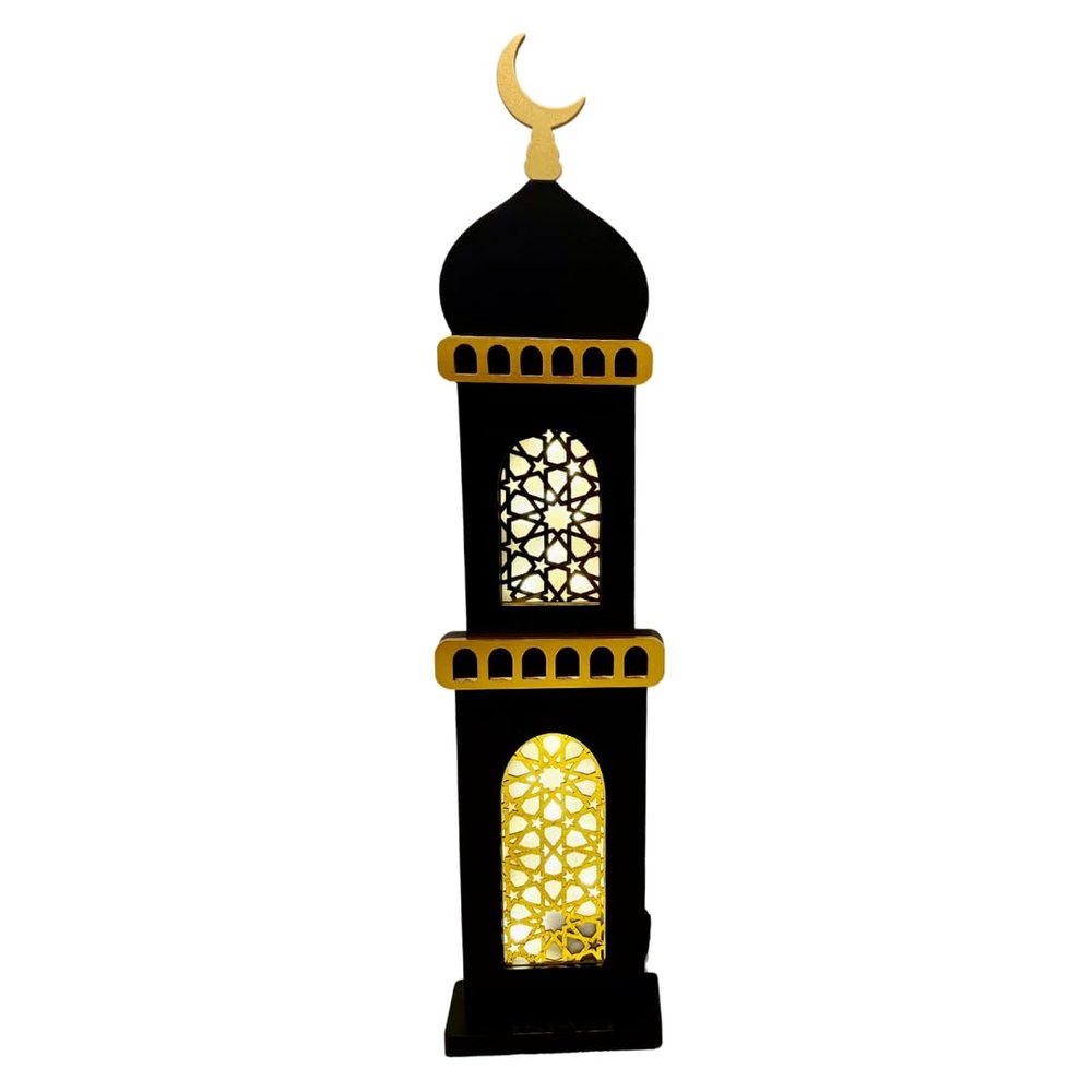 eMart4U Al Minar Masjid Structure with LED Lights & Hilal, MDF Decorative Lighting for Home & Mosque (Black Minar)