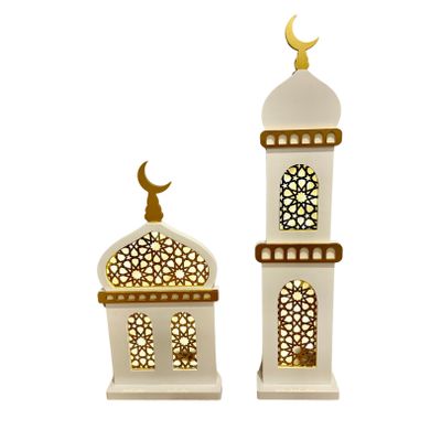 eMart4U Al Minar Masjid Structure with LED Lights & Hilal, MDF Decorative Lighting for Home & Mosque (White Masjid Minar)