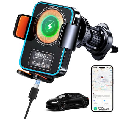 15W Fast Wireless Car Charger with Air Tracker Tag GPS Bulid in(iOS Only)-Air Vent Phone Mount, Works with Apple Find My, HiddenUndetectable-for Anti-Theft & Parking Location, for Family& Fleets