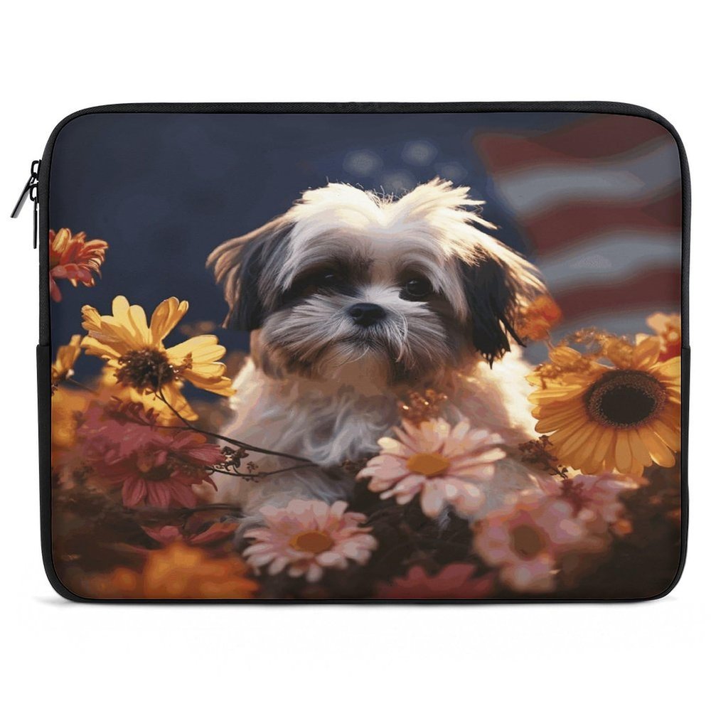 Shih Tzu Dog and Flowers Laptop Sleeve Case 17inch, Shockproof Protective Case, 10-17 Inch Computer Sleeve, Water Resistant Laptop Briefcase for Men Women Compatible with MacBook Air/Notebook/Tablet