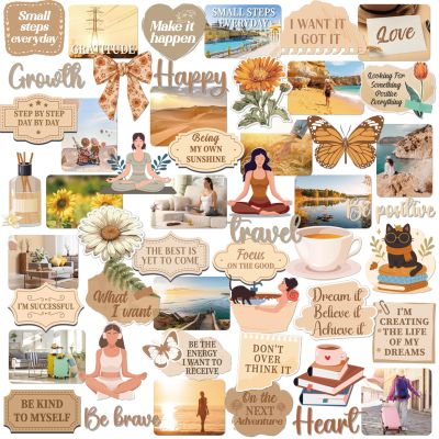 Eclazul Brown Vision Board Stickers - 50 Pcs Travel Inspirational Planner Supplies Kit for Adults Women Motivational Aesthetic Mental Health Waterproof Decals for Book Scrapbook Journaling Keyboard