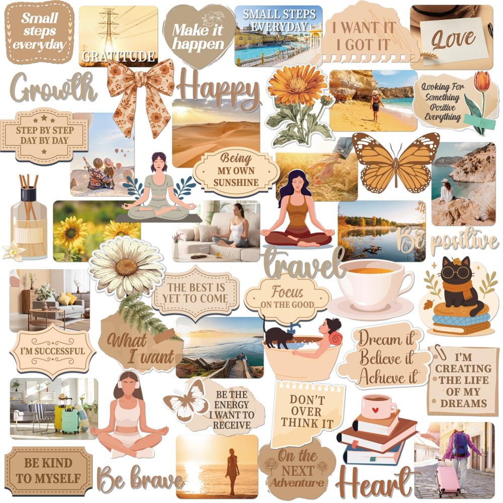 Eclazul Brown Vision Board Stickers - 50 Pcs Travel Inspirational Planner Supplies Kit for Adults Women Motivational Aesthetic Mental Health Waterproof Decals for Book Scrapbook Journaling Keyboard