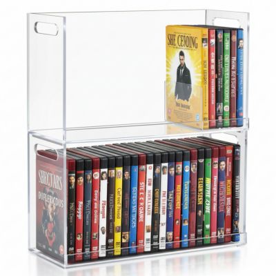 CroBlissful 2 Pcs Acrylic Dvd Storage Box Clear Acrylic Stackable Dvd Holder Racks with Cutout Carrying Handles Organizer Shelf for Theatre Room Media Cds Movie Cases Dvds