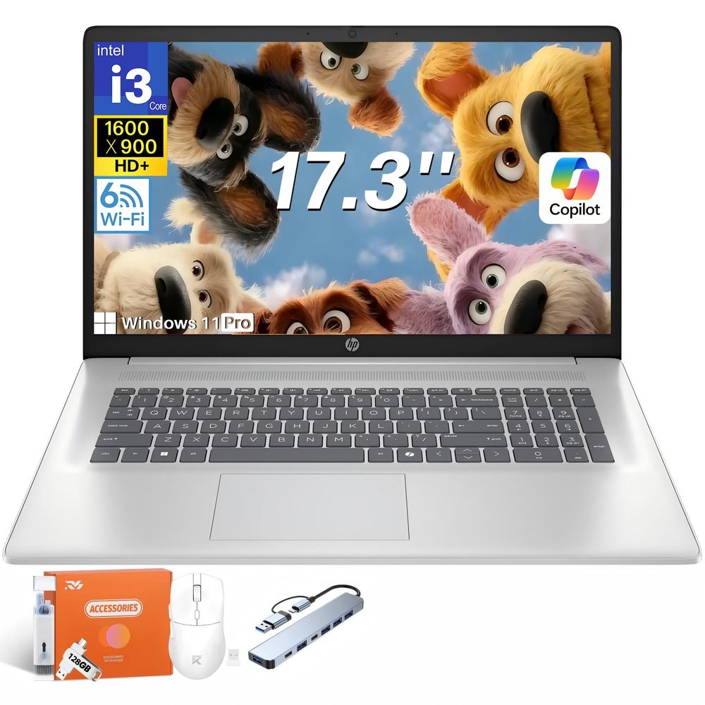 HP 2025 17 inch Laptop, Intel 8-Core i3-N305, 17.3" HD+ Anti-Glare Display, 32GB RAM, 1TB SSD, Windows 11 Pro, Copilot AI, Numeric Keypad, Wi-Fi 6, HDMI, for Business Student, w/Accessories