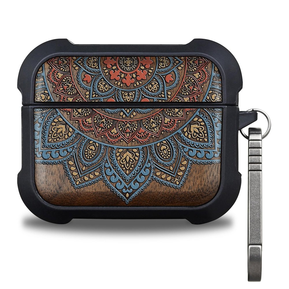 Patterit for AirPods Pro 3 Case, Shockproof Wooden Cover with Quick Released Keychain for AirPods Pro Case 3rd Generation (2025) Compatible with Wireless Charging, (Mandala Harmony) Walnut