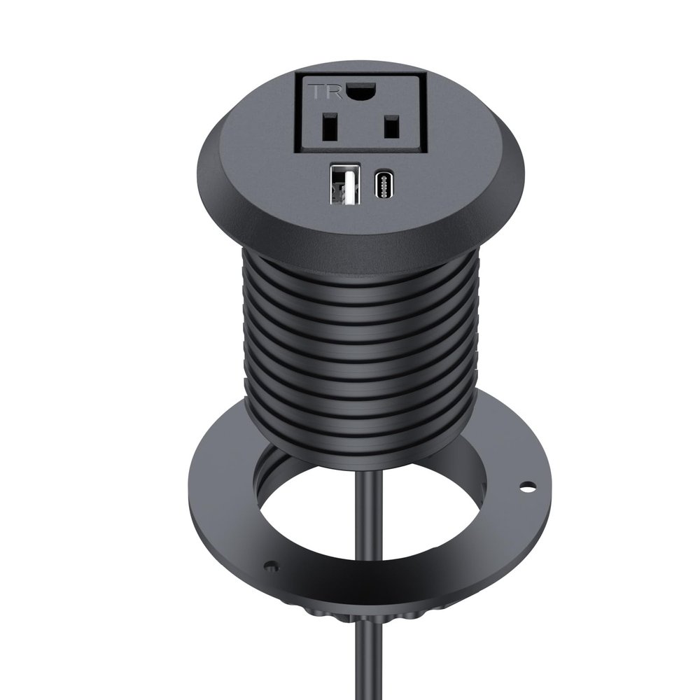 Desk Power Grommet, Haylink Recessed Power Outlet with AC Plug & Fast Charging USB A+C | 6.56FT Cable | 2" Pre-Cut Hole| for Modern Desk, Kitchen Island & Workshop, Black