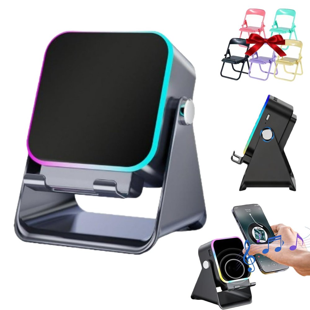 5-in-1 Wireless Induction Bluetooth Speaker with Adjustable Phone Stand, Phone Holder Charger, Portable Audio Gifts, 8 Dynamic RGB Lighting Effects, 360 Adjustable Stand (Black)