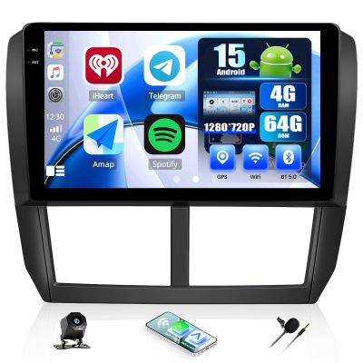 4+64G Android 15 Car Stereo for Subaru Forester Impreza WRX 2008-2012 with Wireless Carplay Android Auto, 9'' 1280 * 720P Touchscreen Bluetooth5.0 GPS WiFi AHD Rear Camera FM RDS EQ SWC