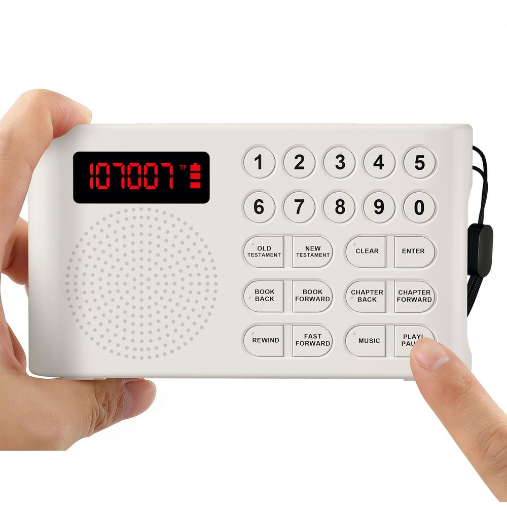 KJV Audio Bible Player for Seniors  King James Version Electronic Talking Bible for Visually Impaired/Blind, 26H Playtime, Big One-Touch Buttons, Portable Bible on Audio for Elderly (White)