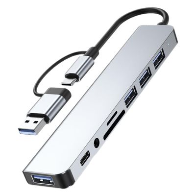 OFFIGAM Multi-Port USB Hub Adapter Type-C Data Transfer USB Splitter with Memory Card Reader and Audio Port High-Speed Expansion Dock for Laptop