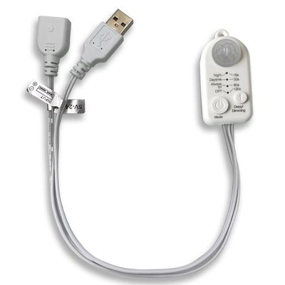 3-in-1 On/Off Switch Cable+ PIR Motion Body Sensor Switch+ PWM LED Dimmer with Light Sensing Detection Time Delay Function for DC 5V-24V LED Strip DIY Lighting Camera (USB Connector, White)