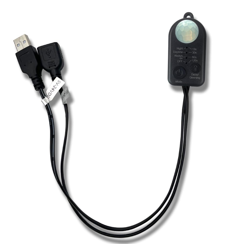 3-in-1 On/Off Switch Cable+ PIR Motion Body Sensor Switch+ PWM LED Dimmer with Light Sensing Detection Time Delay Function for DC 5V-24V LED Strip DIY Lighting Camera (USB Connector, Black)