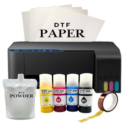 A4 DTF Printer for Clothes, T-Shirt Transfer Printing Machine, Direct to Film Printer. DTF Set of 4 Ink, C/M/Y/B, DTF Printing Paper, DTF Powder. Printers Conversion DTF