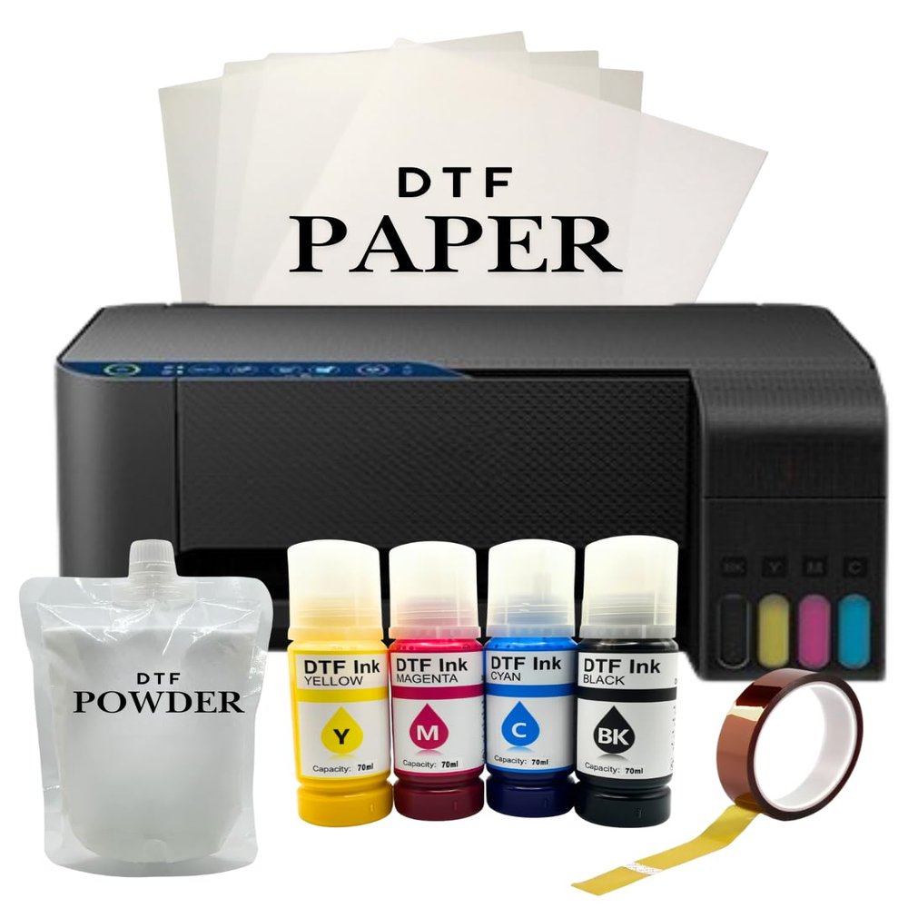 A4 DTF Printer for Clothes, T-Shirt Transfer Printing Machine, Direct to Film Printer. DTF Set of 4 Ink, C/M/Y/B, DTF Printing Paper, DTF Powder. Printers Conversion DTF