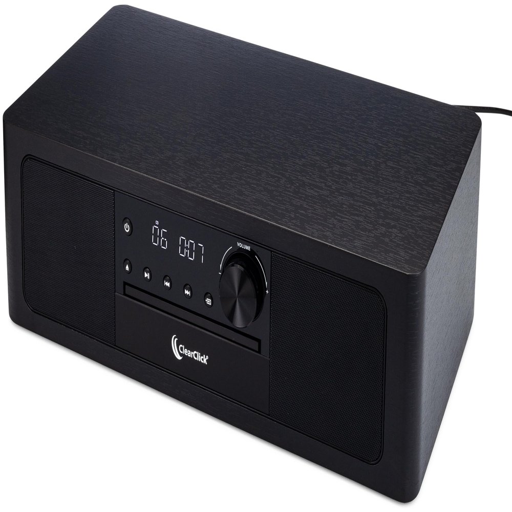 ClearClick Stereo Shelf System with CD Player, Bluetooth, FM Radio, USB Playback, Aux in, Optical in, Alarm Clock, & Remote Control