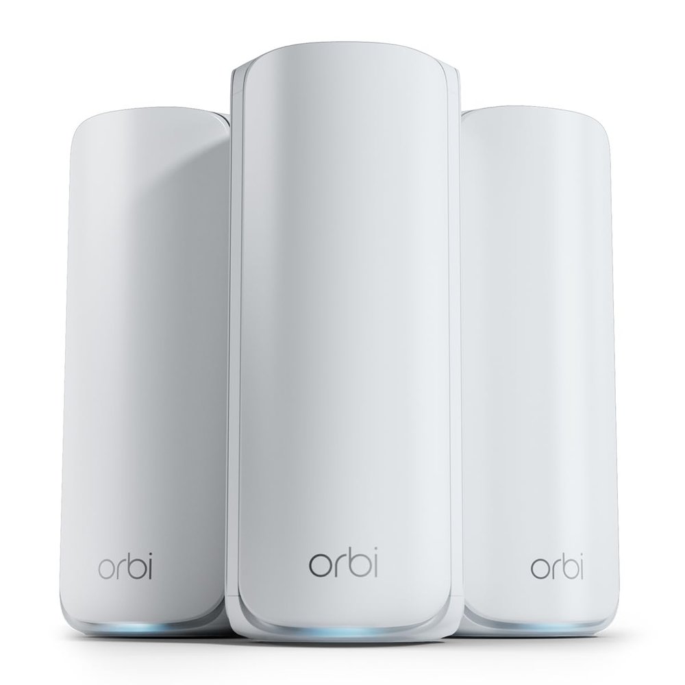 NETGEAR Orbi Tri-Band WiFi 7 Mesh Network System (RBE773) - Router + 2 Satellite Extenders, Security Features, Up to 11Gbps, Covers up to 8,000 sq. ft., 100 Devices, 2.5 Gig Internet Port (Renewed)