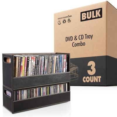 Stock Your Home DVD and CD Storage Box, Movie Shelf Organizer for Blu ray Video Game Cases CDs and VHS, Display Stand Holds up to 28 DVDs and 40 CDs, Faux Leather 3 Pack