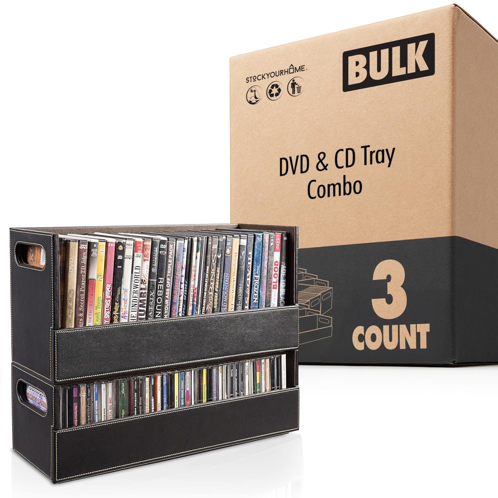Stock Your Home DVD and CD Storage Box, Movie Shelf Organizer for Blu ray Video Game Cases CDs and VHS, Display Stand Holds up to 28 DVDs and 40 CDs, Faux Leather 3 Pack