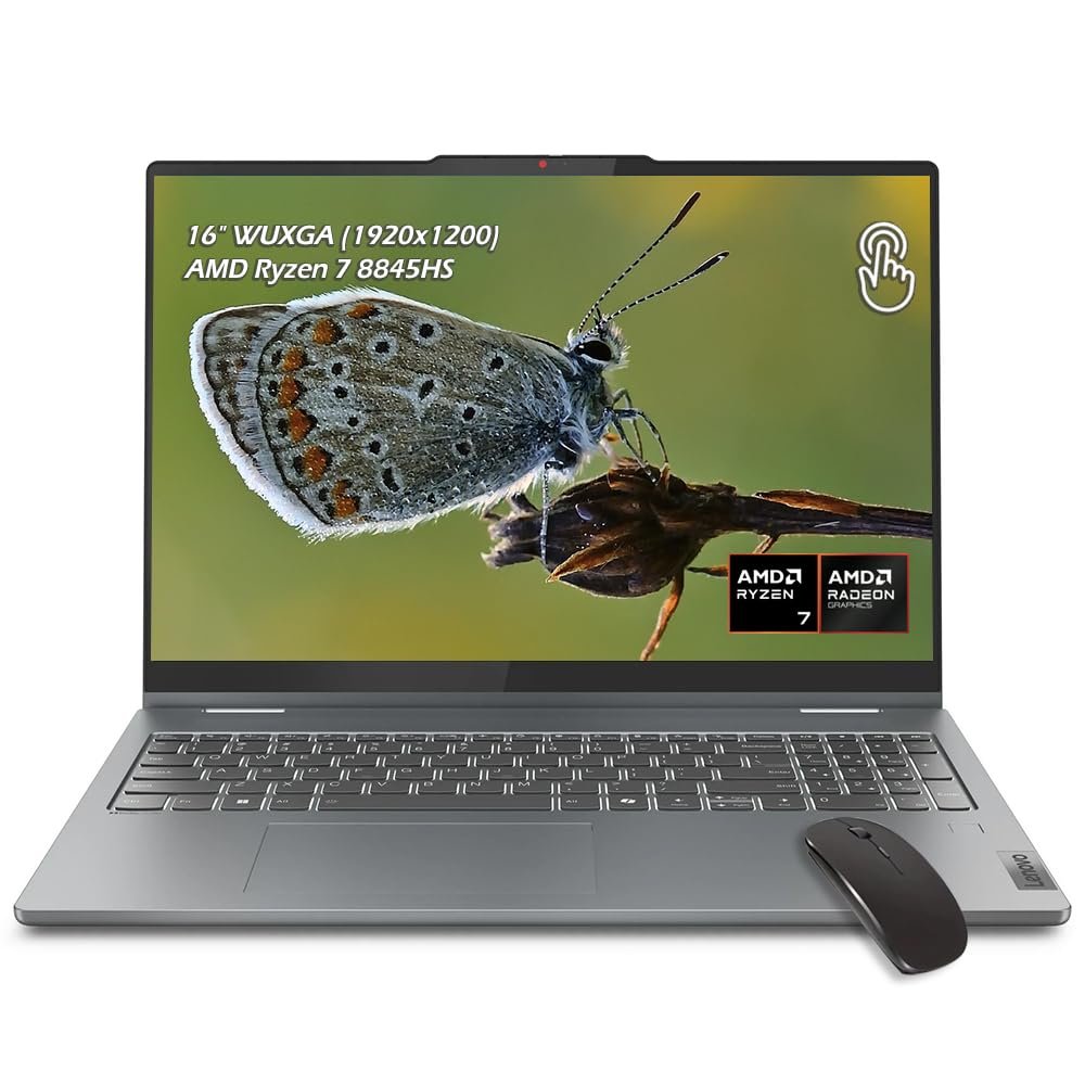 Lenovo IdeaPad 5 2-in-1 Laptop, 16" WUXGA Touchscreen 60Hz IPS 300nits,AMD Ryzen 7 8845HS, WiFi6, Backlit KB, Fingerprint, Windows 11, Luna Grey, (16GB LPDDR5X RAM 2TB SSD), w/Mouse, W/GaLiMu