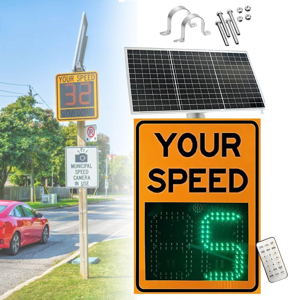 NzEupno Wireless Solar Speed Limit Sign, LED Speed Radar Feedback Detector Display with Remote Control, SolarPower, Weatherproof for Traffic Calming Orange-24''35