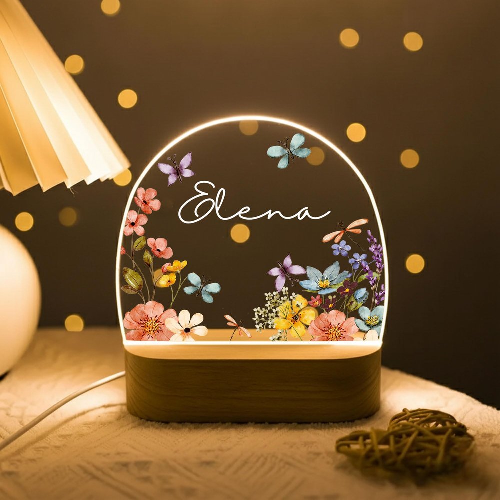 MDPrints Global Personalized Baby Gifts, Personalized Night Light for Kids, Baptism Night Light with Wooden Base, Bedroom Decor, Nursery Light, Baptism Gifts for Girl Boys (Wildflower TM03)