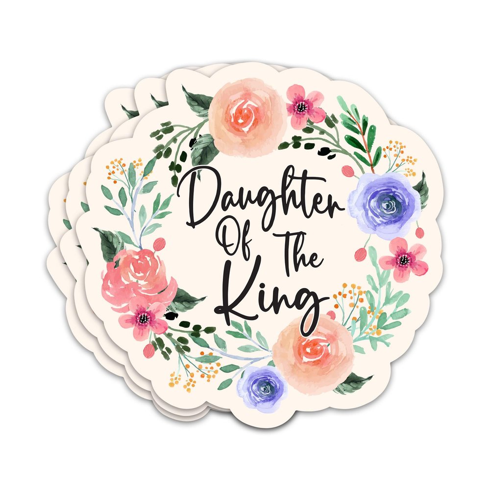 3PCs Daughter of The King Sticker Floral Christian Bible Verse Sticker Child of God Religious Faith Jesus Worship Waterproof Vinyl Stickers for Water Bottle Laptop Decals Gifts for Prayers 3"x3"