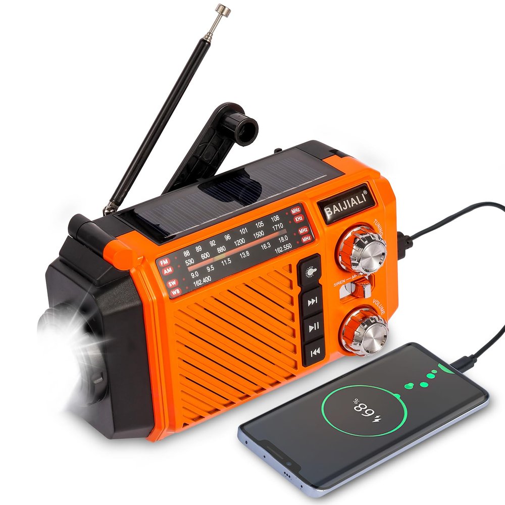 Hand Crank Emergency Weather Radio with 2600mAh/9620mWh Power Bank, NOAA AM FM Shortwave Portable Radio, Solar & USB-C Charging, Flashlight, SOS Alarm for Emergency Kits (Orange)