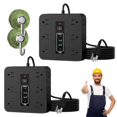 16-in-1 Power Strip with Switch & Surge Protection, ETL Listed Fireproof Power Strip, Upgraded Flat Plug AC Outlets 3 USB and 2 Type C Ports Time Display for Home Office Dorm Travel (2 * Black)