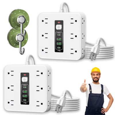 16-in-1 Power Strip with Switch & Surge Protection, ETL Listed Fireproof Power Strip, Upgraded Flat Plug AC Outlets 3 USB and 2 Type C Ports Time Display for Home Office Dorm Travel (2 * White)
