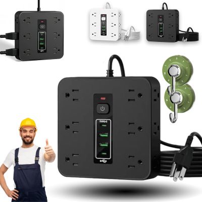 16-in-1 Power Strip with Switch & Surge Protection, ETL Listed Fireproof Power Strip, Upgraded Flat Plug AC Outlets 3 USB and 2 Type C Ports Time Display for Home Office Dorm Travel (Black)