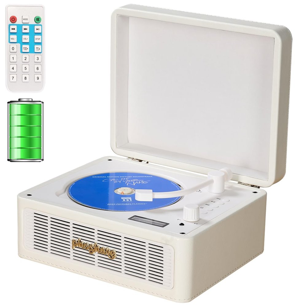 MANAYO Cute Retro CD Player with Bluetooth Transmitter/Receiver - Portable Tabletop Design, Built-in Speakers & Subwoofer, AUX/USB, Remote Included