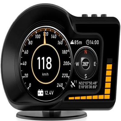 Car HUD Heads Up Display, OBD Gauge Display & GPS Speedometer with MPH Digital Speed, Tachometer, Water Temp, Fatigue/Speeding Alarm for Most Vehicles After 2008