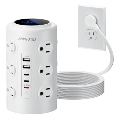 Tower Power Strip with 1 Dedicated PD 20W Fast-Charging Port, 12 Outlets, 5 USB Ports (3 USB-C), 1800J Protector, Desk Charging Station for Multiple Devices,15FT Extension Cord, Home Office Essentials