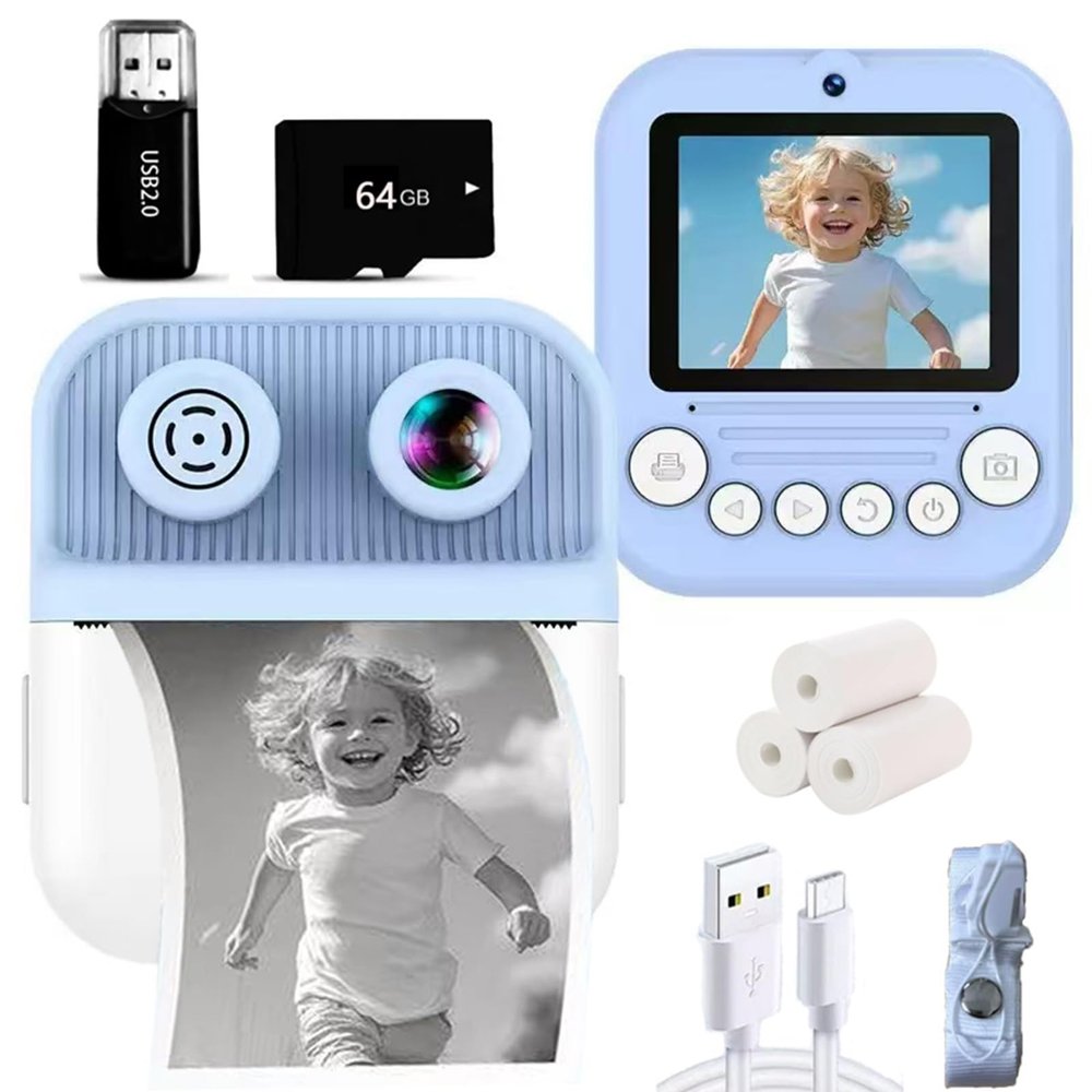 Dual-Lens Instant Print Camera for Kids, 48MP Thermal Instant Printing Camera with 2.4 Inch IPS Screen for Toddler, Boys Girls Christmas Birthday Gifts Photo Printer with 64GB SD Card (Blue)
