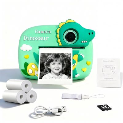 Cute Instant Print Camera for Kids  Perfect Birthday for Girls and Boys Age 3-12, Fun HD Digital Video Camera Toy with 32GB SD Card, Pink (Dinosaur, Green)