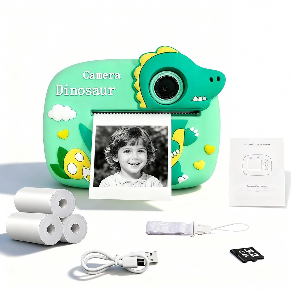 Cute Instant Print Camera for Kids  Perfect Birthday for Girls and Boys Age 3-12, Fun HD Digital Video Camera Toy with 32GB SD Card, Pink (Dinosaur, Green)
