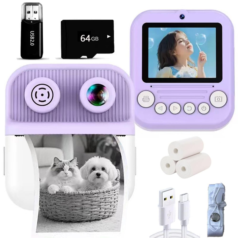 Dual-Lens Instant Print Camera for Kids, 48MP Thermal Instant Printing Camera with 2.4 Inch IPS Screen for Toddler, Boys Girls Christmas Birthday Gifts Photo Printer with 64GB SD Card (Purple)