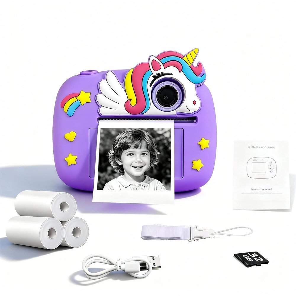 Cute Instant Print Camera for Kids Perfect Birthday for Girls and Boys Age 3-12, Fun HD Digital Video Camera Toy with 32GB SD Card, Pink (Unicorn, Pink)