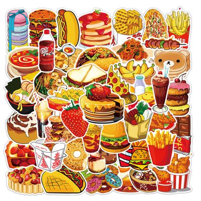 50Pcs Yummy Food Stickers,Cute Fast Food Chips Hamburger Stickers, Vinyl Waterproof Aesthetic Sticker for Kids Teens Girls for Laptop Guitar Hydro Flask Phone Skateboard Luggage(Foods)