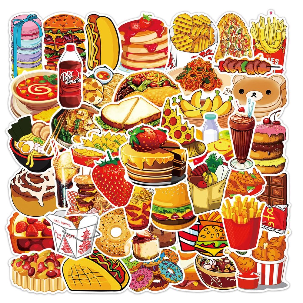 50Pcs Yummy Food Stickers,Cute Fast Food Chips Hamburger Stickers, Vinyl Waterproof Aesthetic Sticker for Kids Teens Girls for Laptop Guitar Hydro Flask Phone Skateboard Luggage(Foods)