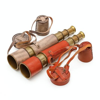 M.A & SONS Set of 2  Vintage Brass Spyglass Telescopes, 16 inch  Leather-Wrapped (Antique Brown & Classic Red)  Functional Pull-Out Monoculars with Full-Cover Leather Cases  Nautical Dcor Gift