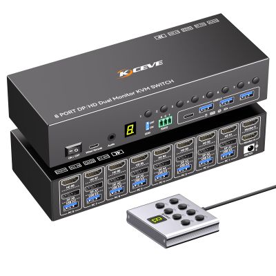 8 Port KVM Switch 2 Monitors 8 Computers 4K@60Hz EDID Simulation,8 PC HDMI Displayport Dual Monitor KVM Switch with 4 USB 3.0 Ports, Audio, RS232, Wired Remote, 12V Adapter & 8 USB Cables