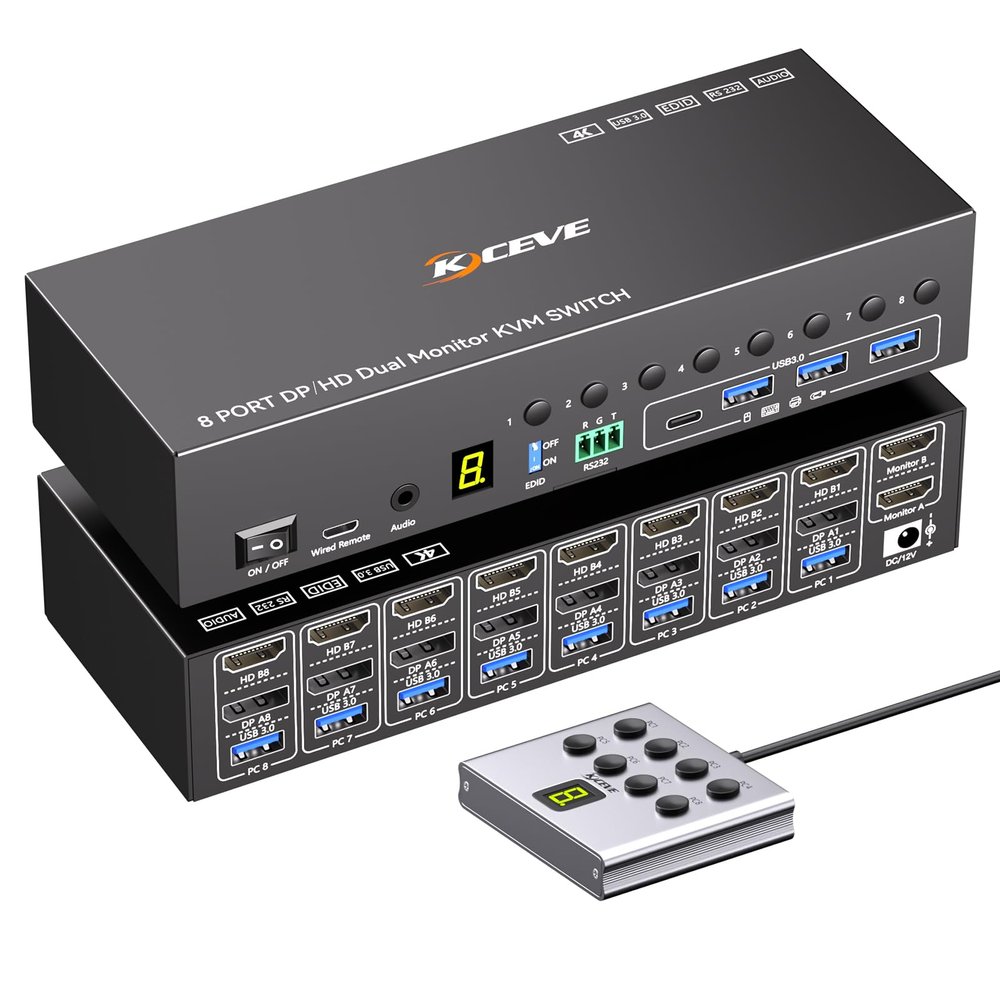 8 Port KVM Switch 2 Monitors 8 Computers 4K@60Hz EDID Simulation,8 PC HDMI Displayport Dual Monitor KVM Switch with 4 USB 3.0 Ports, Audio, RS232, Wired Remote, 12V Adapter & 8 USB Cables
