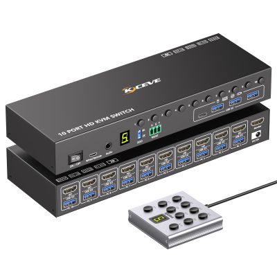 10 Ports HDMI KVM Switch 4K@60Hz EDID Simulation,USB 3.0 KVM Switch for 10 Computers Share 1 Monitor and 4 USB Devices, KVM Switches with Audio RS232 Wired Remote 12V Power and USB Cable
