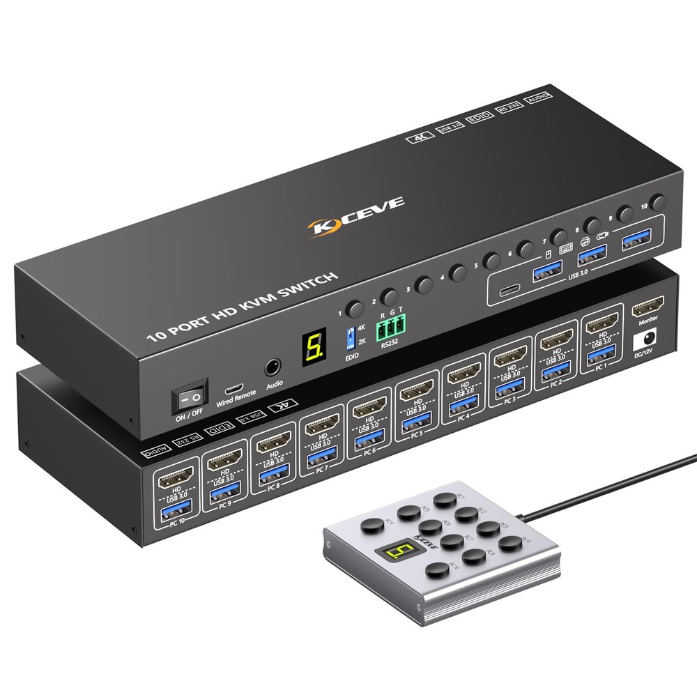 10 Ports HDMI KVM Switch 4K@60Hz EDID Simulation,USB 3.0 KVM Switch for 10 Computers Share 1 Monitor and 4 USB Devices, KVM Switches with Audio RS232 Wired Remote 12V Power and USB Cable