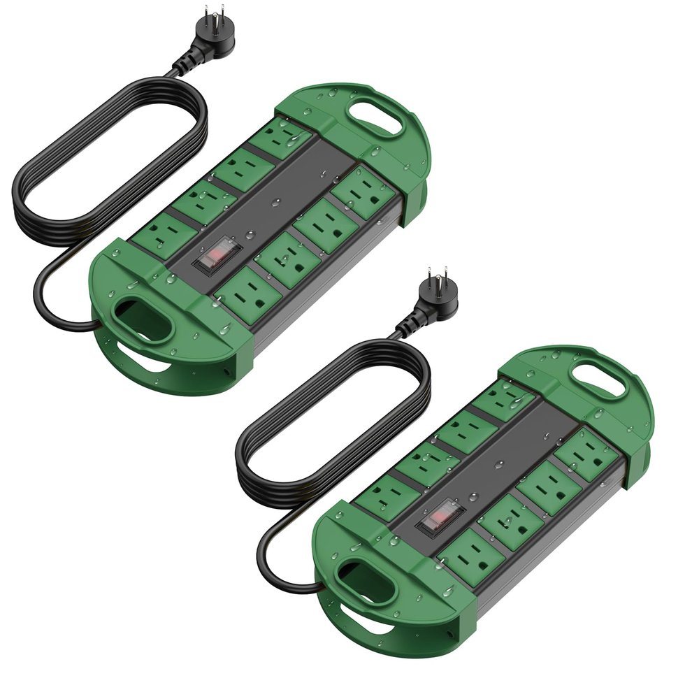 CCCEI 2 Outdoor Power Strips Weatherproof with 8 Plug, Waterproof Extension Cord with Multiple Outlets, Christmas Exterior Garden Yard Surge Protector 15FT, Green.