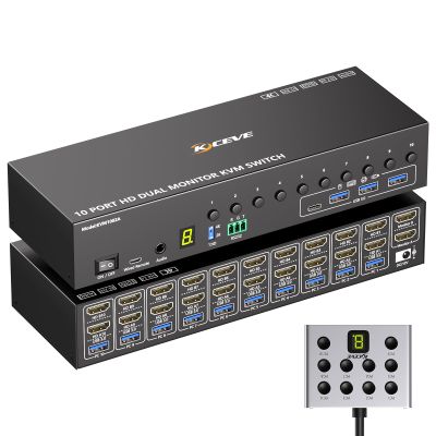 10 Port HDMI KVM Switch 2 Monitors 10 Computers 4K@60Hz EDID Simulation,Dual Monitor KVM Switch with 4 USB 3.0 Ports for Keyboard Mouse Printer,Audio RS232,with Controller,12V Power and 10 USB Cables