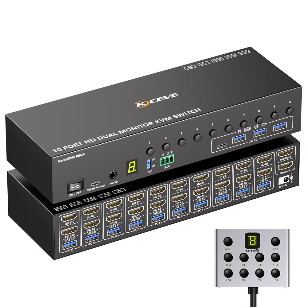 10 Port HDMI KVM Switch 2 Monitors 10 Computers 4K@60Hz EDID Simulation,Dual Monitor KVM Switch with 4 USB 3.0 Ports for Keyboard Mouse Printer,Audio RS232,with Controller,12V Power and 10 USB Cables